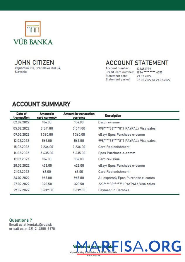 Realistic Slovakia VUB bank statement word download for verification